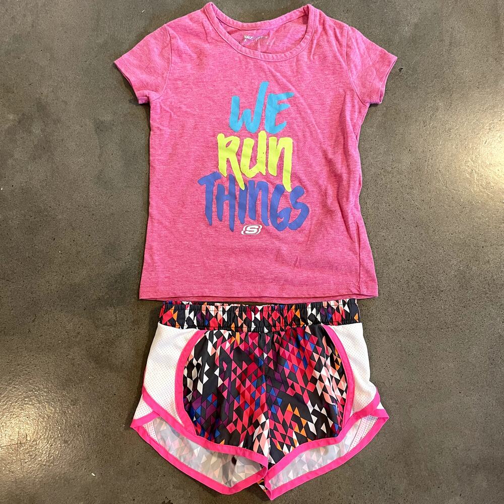 Sketchers pink tee Old Navy active athletic shorts outfit 5T